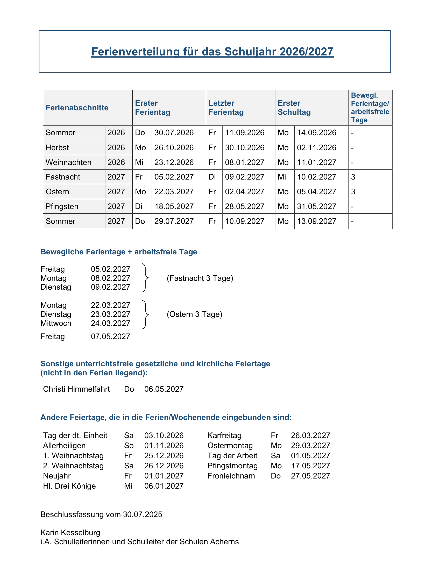 Ferienverteilung SJ 26-27